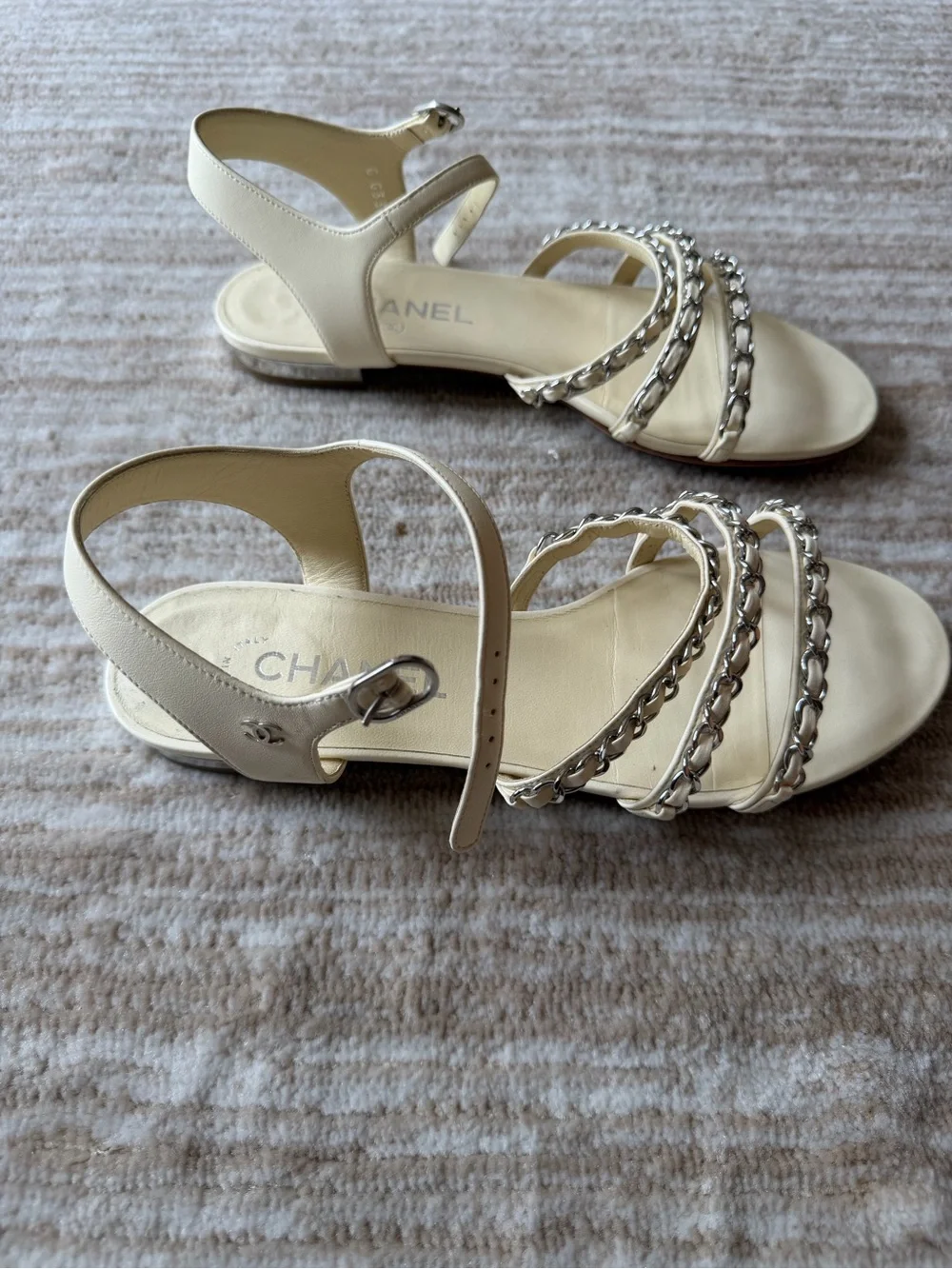CHANEL Cream Leather Sandals with Silver Chain Straps and silver heel